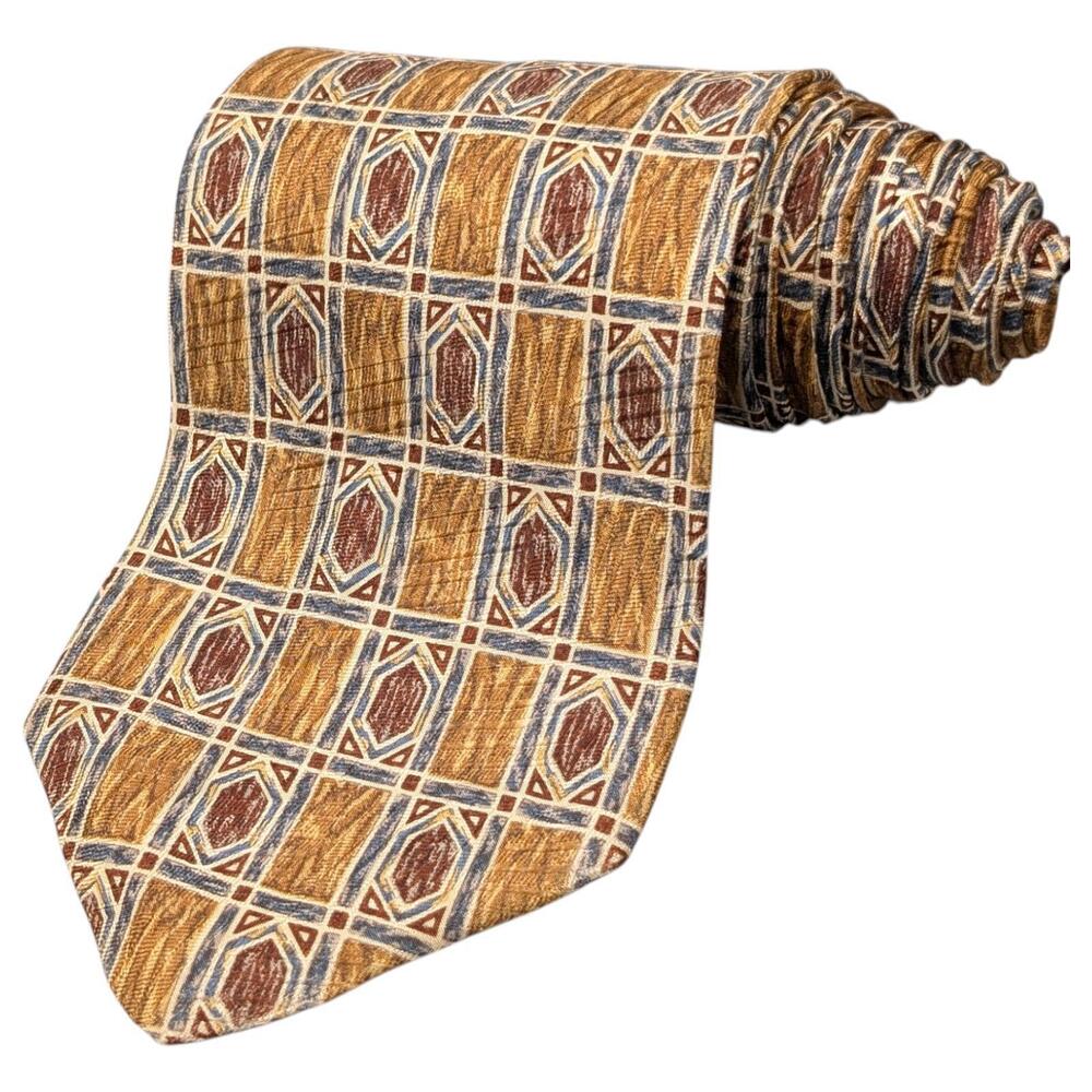 Robert Talbott Studio Tie 56" Brown Gold Blue‎ Silk Geometric Hand Sewn USA VTG
